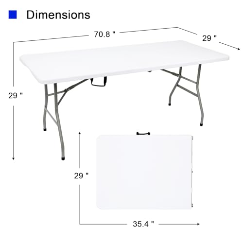 HUZJIEHUI 70.8" W X 29" D X 29" H - 6 ft Folding Table White Portable Heavy Duty Plastic Fold-in-Half Utility Foldable Tab...