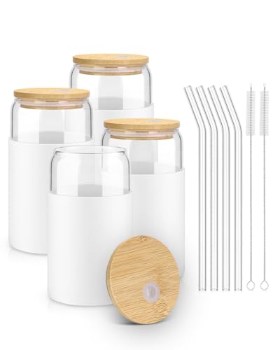 sungwoo Glass Cups with Lids and Straws, 4 Pack 16OZ Iced Coffee Cups with Silicone Sleeve, Glass Tumbler with Straw and B...