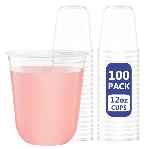 WELLIFE 12 oz Clear Plastic Cups, 100 Pcs Disposable Wine Glasses Stemless Cocktail Punch Cups for Cold Drinking Wedding P...