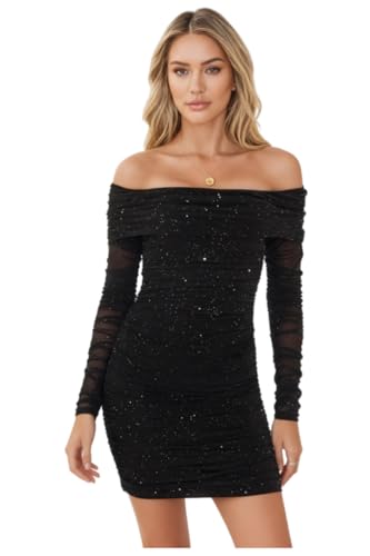 Women’s Sexy Sequin Mesh Off Shoulder Long Sleeve Ruched Mini Bodycon Dress Glitter Silver Specks Party Club Cocktail Dresses