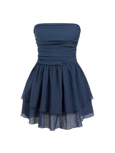 CIDER Women's Summer Cocktail Dress - Tube Ruched Ruffle Mini Dress