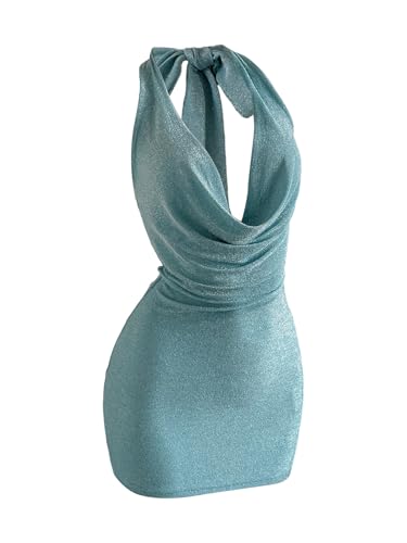 SOLY HUX Women's Shiny Deep V Neck Halter Bodycon Mini Dress Sleeveless Cocktail Prom Pencil Dresses