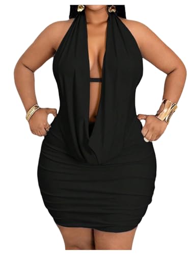 Floerns Women's Plus Size Going Out Halter Dress Deep V Cowl Neck Date Night Bodycon Mini Dresses