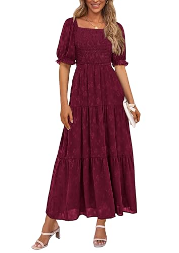 PRETTYGARDEN Women's 2026 Summer Casual Midi Dresses Square Neck Short Sleeve Smocked A Line Floral Flowy Elegant Boho Dress