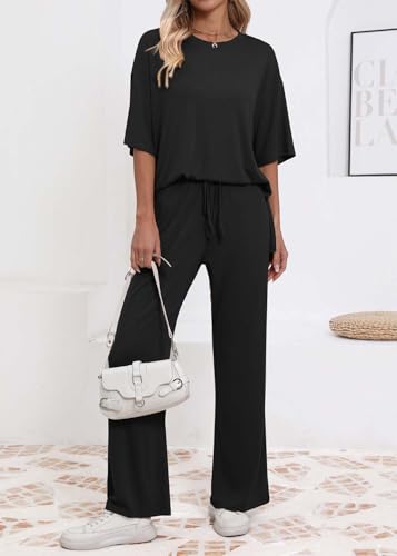 AmazingStar Womens Lounge Set 2026 Summer 2 Piece Outfits Oversized Short Sleeve Tops & Wide Leg Pant Matching Sets Clothing