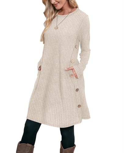 OFEEFAN Fall and Winter Tunic Dress with Pockets Long Sleeve Crew Neck Buttons Side