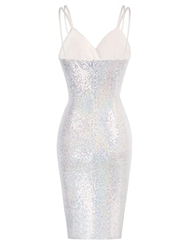 GRACE KARIN Women's Sexy Sequin Sparkly Glitter Ruched Party Club Dress Spaghetti Straps Wrap V-Neck Bodycon Dress