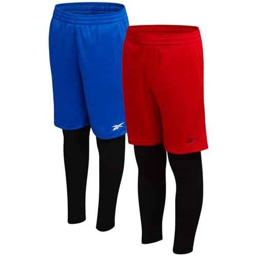 Reebok Boys Basketball Shorts - 2 Pack 2-in-1 Boys Athletic Shorts for Running with Compression Leggings Pockets & Drawstring