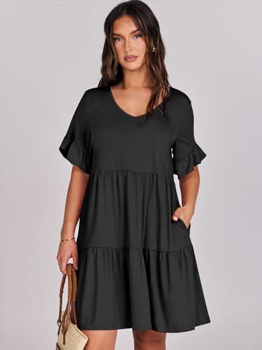 ANRABESS Dresses for Women Summer 2026 V Neck Ruffle Sleeve A Line Tiered Flowy Casual Trendy Mini Beach Dress with Pockets