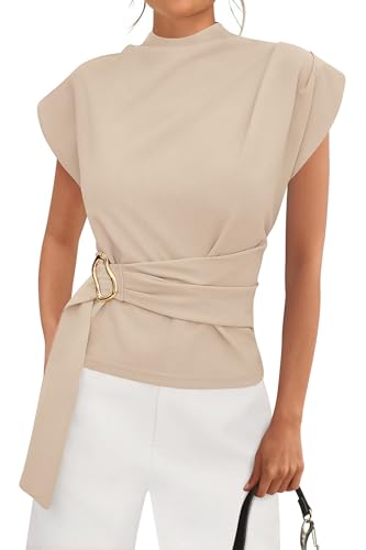 PRETTYGARDEN Women Blouses Spring Dressy Cap Sleeve Mock Neck Work Shirts Buckle Tunic Summer Business Casual Tops 2026