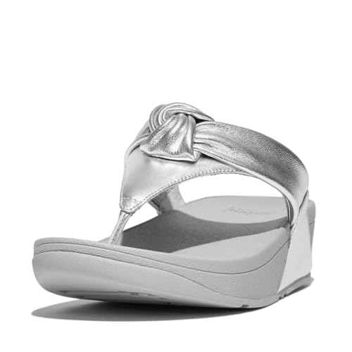 FitFlop Women's Lulu Padded-Knot Metallic-Leather Toe-Post Sandals Silver 7 Medium