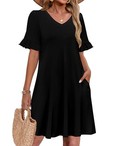 Zeagoo Summer Casual Dresses for Women A Line Sun Dress Ruffle Short Sleeve V Neck Floral Tshirt Dress with Pockets