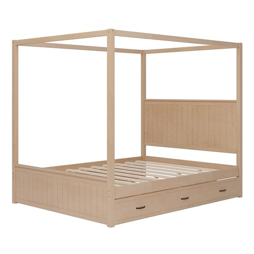 VilroCaz Modern Queen Size Canopy Platform Bed with Trundle and 3 Storage Drawers, 4-Poster Solid Wood Bed Frame with Chan...