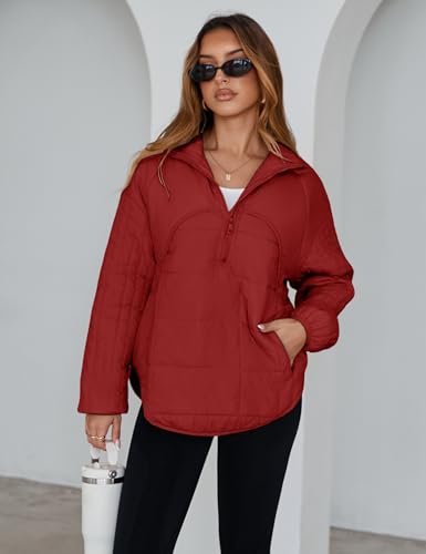 Daacee 2025 Oversized Lightweight Quilted Pullover Jacket for Women Half Zip Up Puffer Jackets Padded Outwear XS-2XL