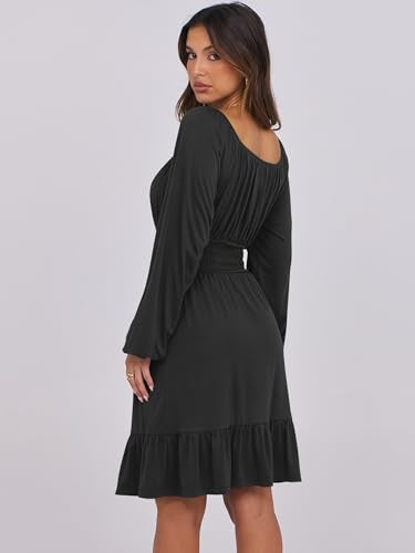 ANRABESS Womens Dress Long Lantern Sleeve Square Neck Elastic Waist Ruffle Flowy Swing A-Line Short Dresses 2025 Fall Fashion