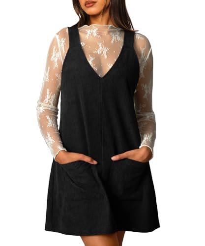 Navneet Corduroy Overall Dress for Women V Neck Sleeveless Pinafore Jumper Mini Dress with Pockets