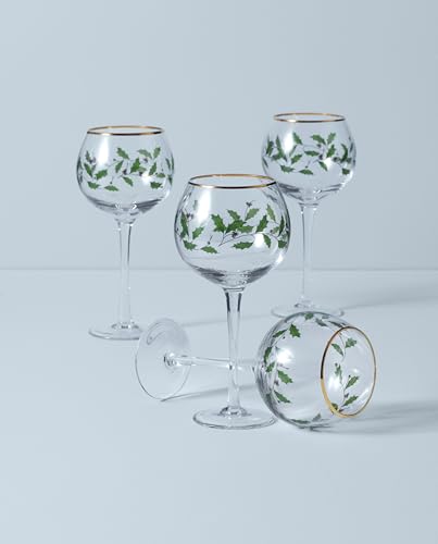 Lenox Drinkware, Holiday 4-Piece Wine Balloon Glass Set, Set Of 4, 14 Fl Oz Capacity, Made From Glass, Festive Red Christm...