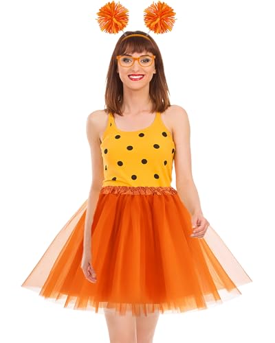 QLINLEAF Orange and Yellowe Tutu Costume Pom Pom Headband Mustache and Eyebrows Orange Furry Character Costume Set for Hal...