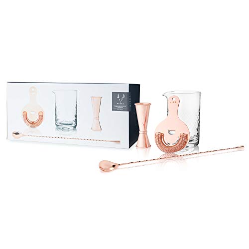 Viski Copper Bartender Kit 4pcs Set | Drink Mixers for Cocktails Gift Essentials: Mixing Glass, Hawthorne Strainer, Japane...