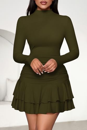PRETTYGARDEN Womens Spring Long Sleeve Dresses 2026 Mock Neck Ruched Y2K Clothes Ruffle Layered Bodycon Mini Party Dress