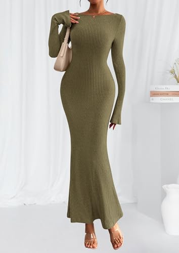 PRETTYGARDEN Women's Fall Fashion 2026 Long Sleeve Maxi Dress Ribbed Knit Boat Neck Bodycon Casual Dresses Going Out Outfits