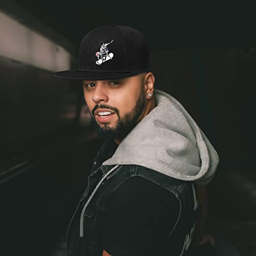 Snapback Hats for Men Flat Bill Brim Hats for Women Fitted Hat Skull Hats Cool Adults Baseball Cap Black Rock N Roll Caps