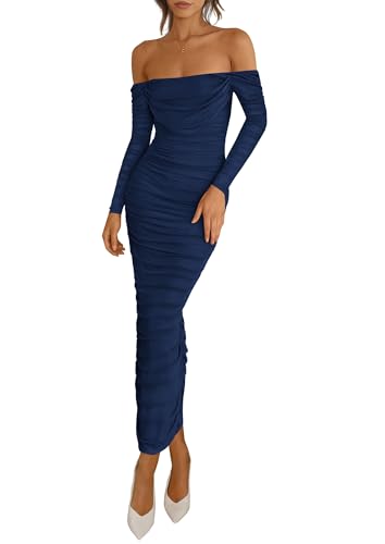 PRETTYGARDEN Womens 2026 Fall Long Sleeve Maxi Dress Off Shoulder Mesh Ruched Bodycon Trendy Long Wedding Guest Dresses