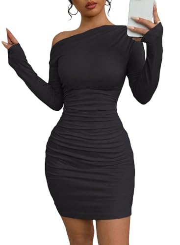 Acelitt Fall Off The Shoulder Dresses for Women 2025 Long Sleeve Ruched Bodycon Cocktail Party Mini Dress(Size Down)
