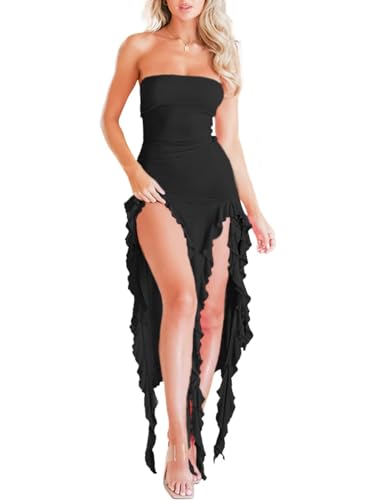 Women Summer Elegant Strapless Tube Midi Bodycon Dresses Irregular Ruffle Tassel Party Dress