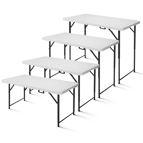FROASISPRO 4ft Folding Table, Portable Fold-in-Half Adjustable Height Utility Table for Indoor/Outdoor Use, Durable HDPE &...