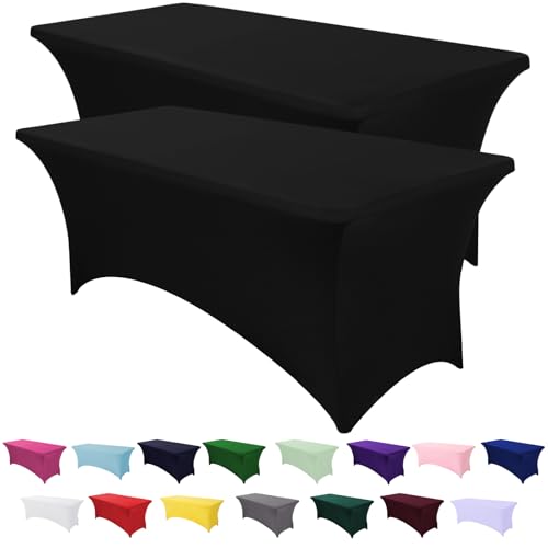 Spandex Table Cover 2 Pack 6FT Black Fitted Tablecloths,Washable Wrinkle Resistant Stretch Table Cloth Rectangle for Vendo...