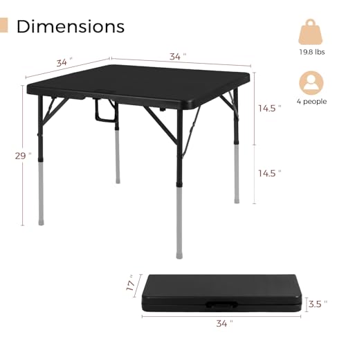 pollilar 34" Folding Card Table Square Foldable Table Plastic Portable with Detachable Legs, Dual Height Adjustable, Heav...