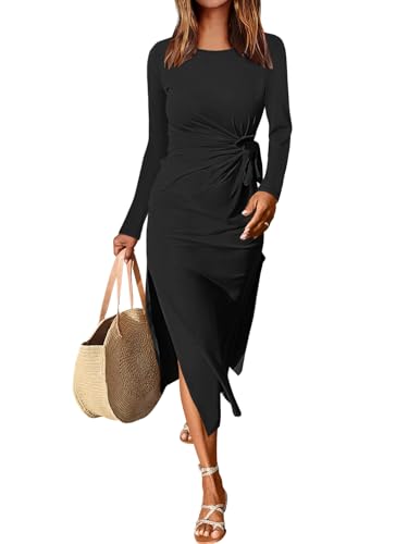 ANRABESS Womens 2026 Spring Long Sleeve Maxi Dress Crewneck Tie Waist Slit Casual Long T Shirt Dresses Winter Trendy Outfits