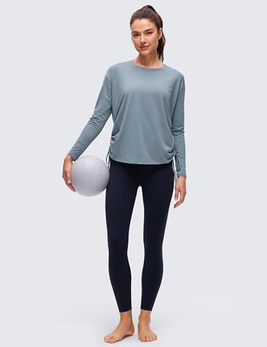 CRZ YOGA Pima Cotton Side Ruched Shirts for Women - Casual Workout Yoga Long Sleeve Tops Loose Crewneck Soft Comfort T-Shirts