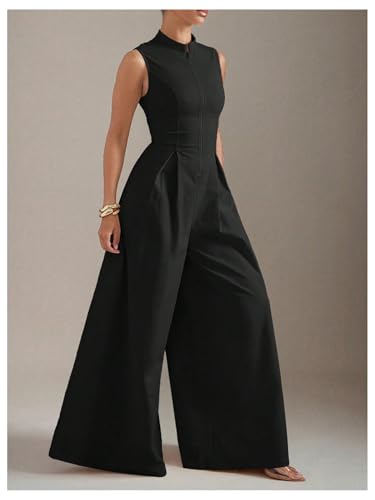 Verdusa Women's Zip Up Wide Leg Jumpsuits Sleeveless One Piece Formal Dressy Rompers Holiday Jumpsuits