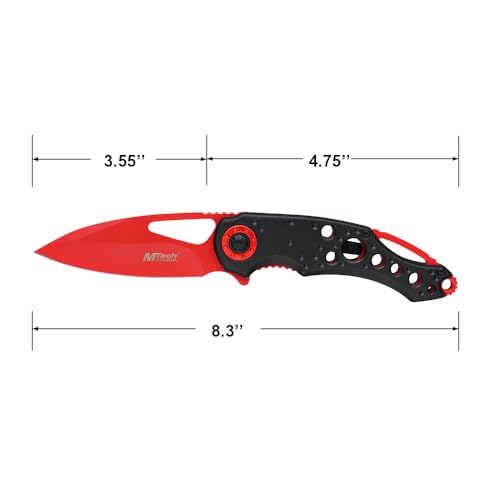MTECH USA Folding Pocket Knife, 3.55" Drop Point Blade, Black and Red Aluminum Handle, 8.3" Overall Length