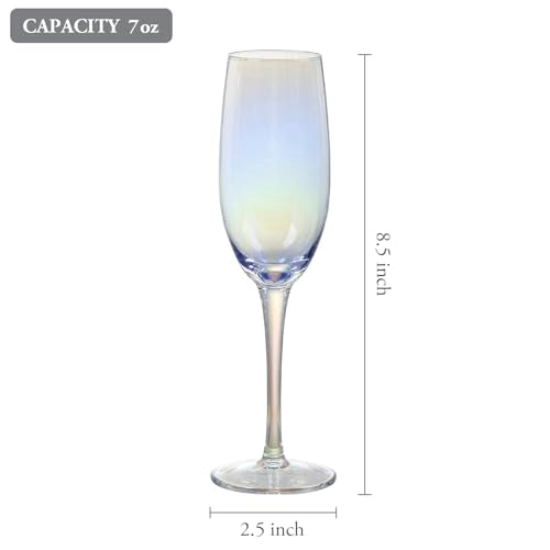 MyGift 7 oz Iridescent Stemmed Champagne Flute Glasses, Bubble Tone Rainbow Party Toasting Glasses, Set of 4