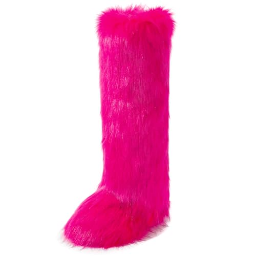 IXU Women's Faux Fur Boot Furry Fluffy Round Toe Suede Winter Comfy Plush Warm Short Outdoor Indoor Flat Shoes Knee-High B...