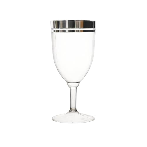 Party Essentials Disposable All-Purpose One-Piece 8 oz Plastic Wine Glasses Cups with Stem, 8-Count, Clear with Silver Rim