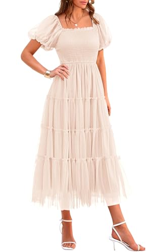 PRETTYGARDEN Women's Smocked Midi Tulle Dress 2026 Summer Puffy Short Sleeve Square Neck Ruffle Wedding Guest Party Dresses
