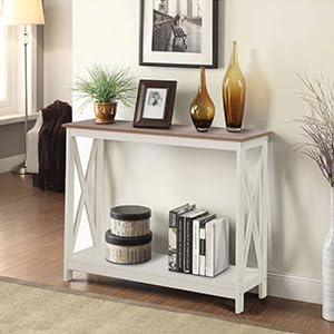 GREEN PARTY 40'' Console Table with Storage Shelf, 2 Tier Farmhouse Sofa Table X-Shaped Design Couch Table Narrow Console Table for Entryway, Hallway, Living Room, Ivory