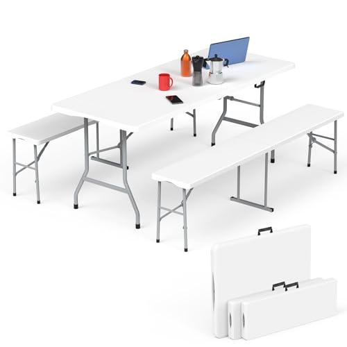 HLPB Folding Table Picnic Table Set, 6 ft Camping Table with 2 Benches, Outdoor Indoor Portable Folding Furniture for Work...