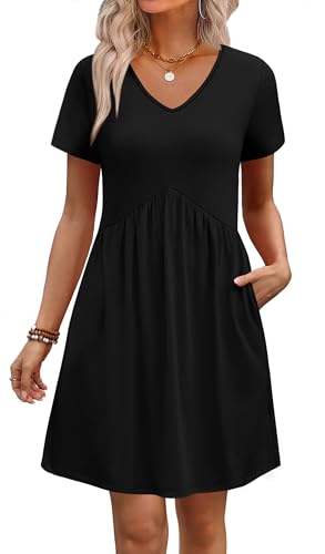 WIHOLL Dresses for Women 2026 Casual Summer V Neck Babydoll Dress Short Sleeve Fashion Beach Vacation Clothes