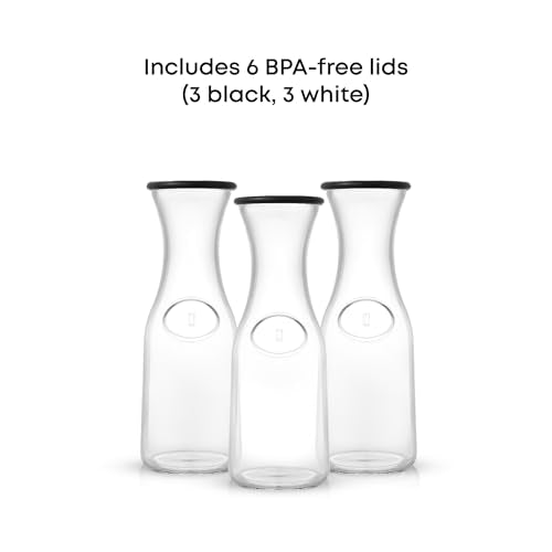 JoyJolt Glass Carafe with Lid, Set of 3 – 1 Liter Glass Pitcher for Mimosa Bar, Water, Iced Tea, Juice, Wine, Lemonade, Mi...