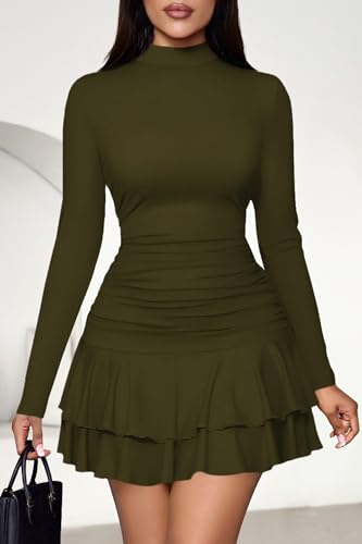 PRETTYGARDEN Womens Spring Long Sleeve Dresses 2026 Mock Neck Ruched Y2K Clothes Ruffle Layered Bodycon Mini Party Dress