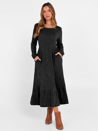 ANRABESS Womens Long Sleeve Midi Dress Spring Rib Knit Crew Neck A Line Soft Flowy Swing Dresses with Pocket Casual Trendy