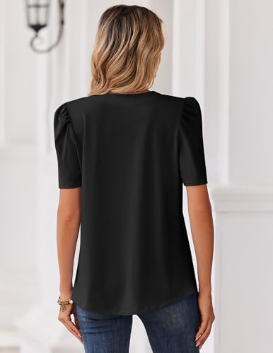 Zeagoo Women Blouses Puff Short Sleeve Tops V Neck Dressy Casual Spring Shirts Boho Floral Cute Clothes 2026
