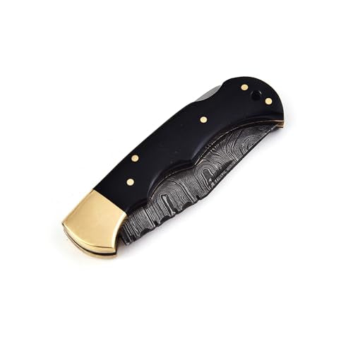 Damascus Steel Folding Knife - Premium Pocket Knife With Bone Handle Edc Small Youth Pocket KnifeTactical Serrated Camping...