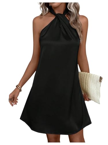Floerns Women's Pearl Beaded Halter Twist Sleeveless Tie Back Dress A Line Dress