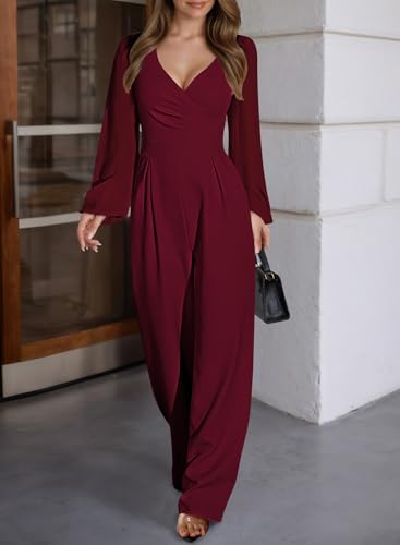 Pink Queen Jumpsuits for Women Dressy Patchwork Chiffon Sleeve V Neck Wide Leg Romper Holiday Party Outfits